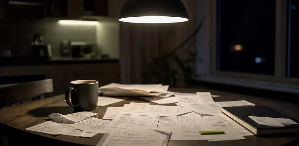 Kitchen table at night covered in receipts and statements