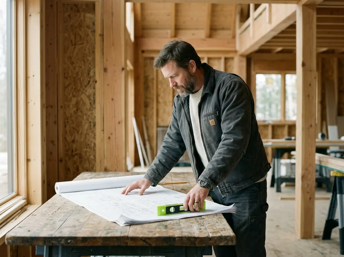 General contractor reviewing architectural blueprints on a timber work table