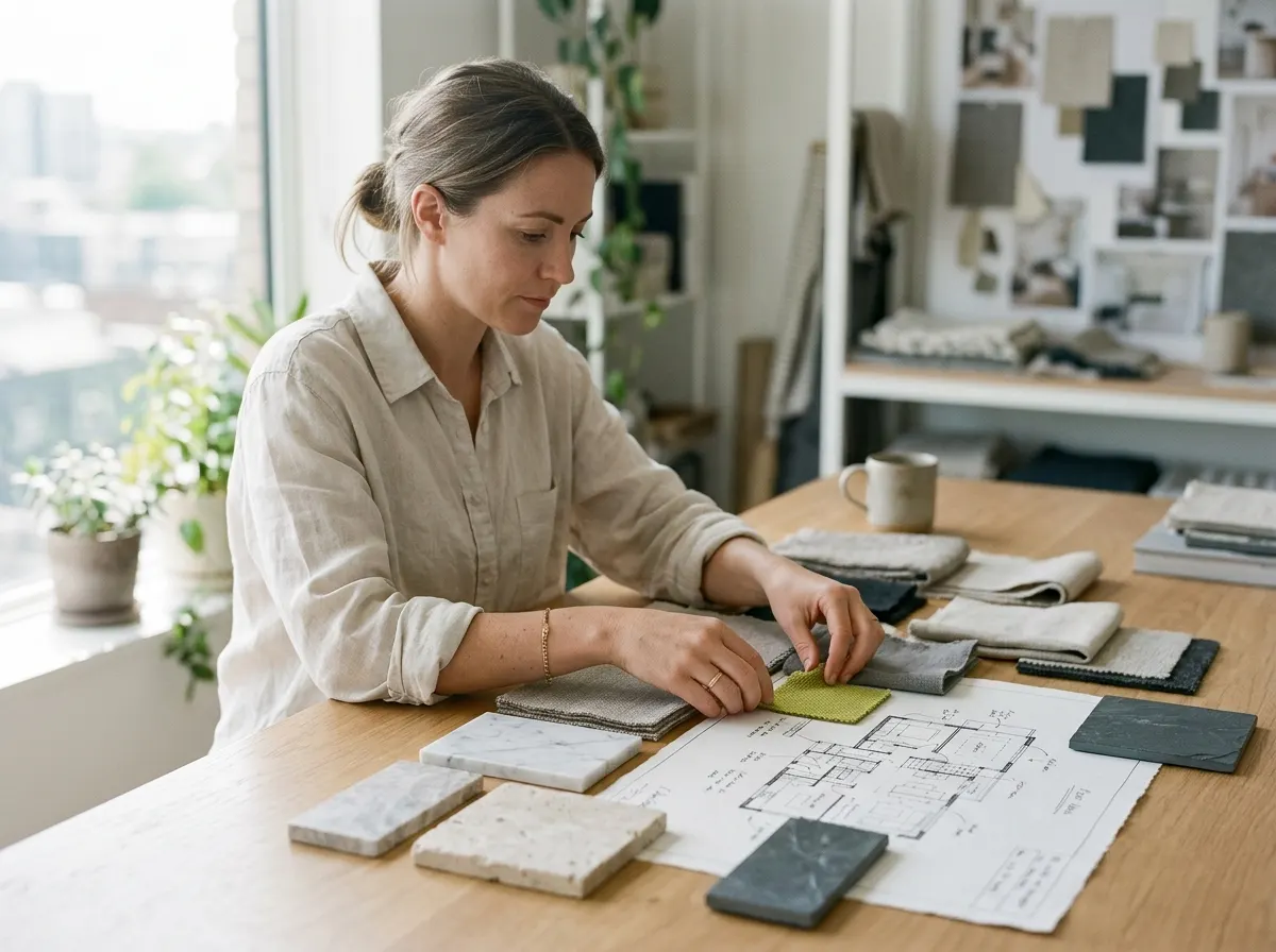 Interior designer curating material swatches and floor plans in a studio