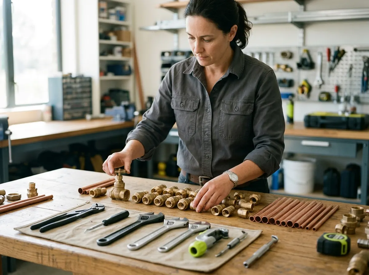 Technician organizing brass fittings and service tools on a workshop table