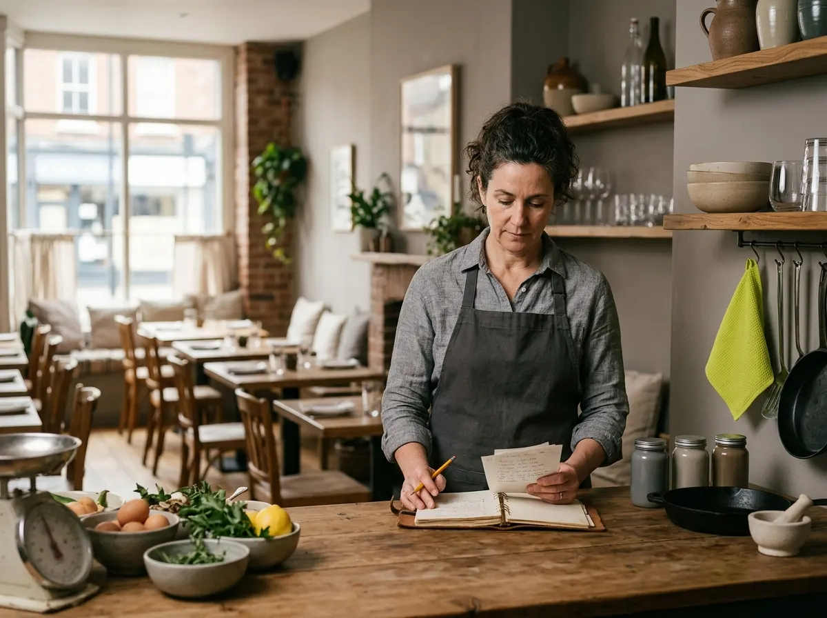 Restaurant owner in an apron reviewing daily inventory at the counter