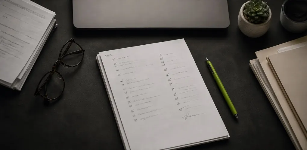CPA desk with a signed review checklist, seen from above