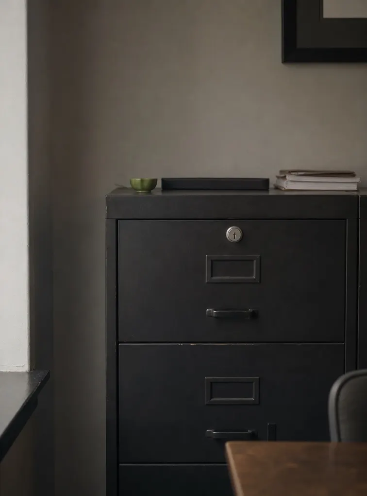 Locked document cabinet in a quiet office corner