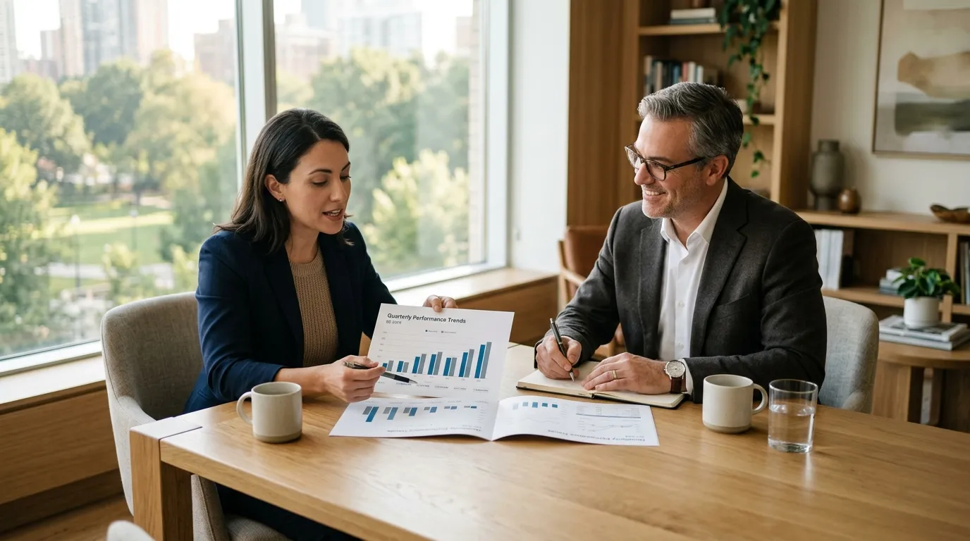 Business founder and financial advisor reviewing performance trends by window