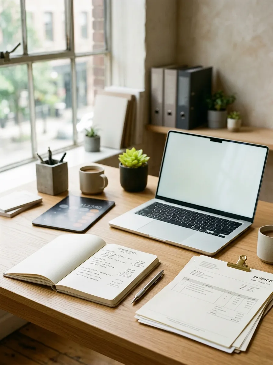 Organized modern accounting desk with laptop, open notebook and clean invoices