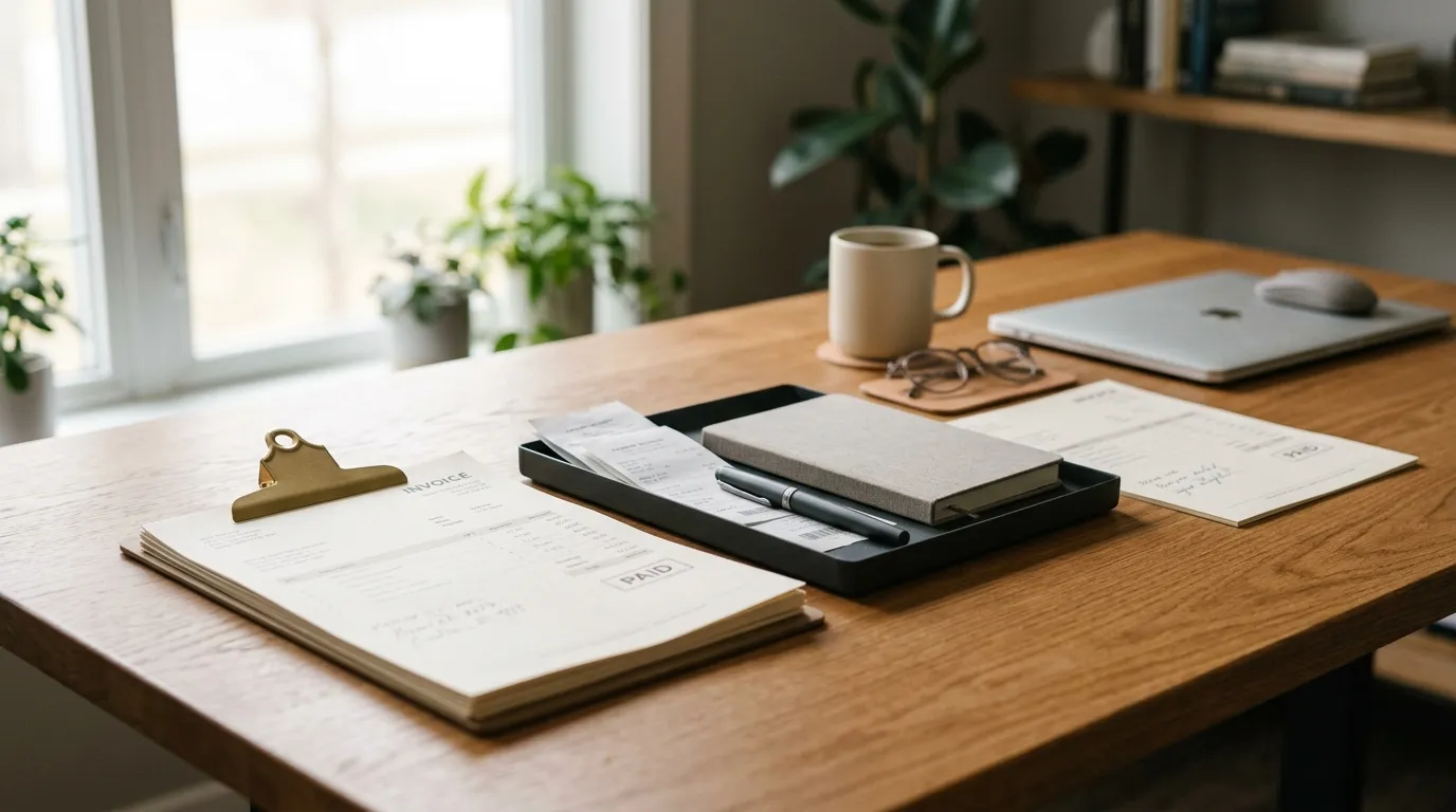 Organized desk with vendor invoices, payment receipts and clipboard
