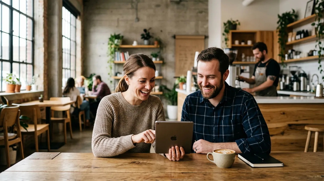 Small business team smiling while reviewing payroll on a tablet