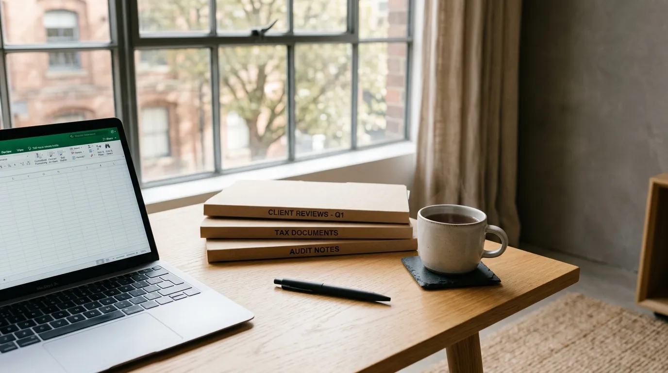 Minimalist accounting workspace with client review files and audit documents